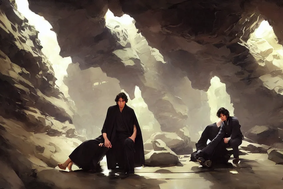 Prompt: ben solo and rei holding each other in a large dark cave, tired, sad, muted colors, painted by krenz cushart, by joaquin sorolla rhads leyendecker, by ohara koson