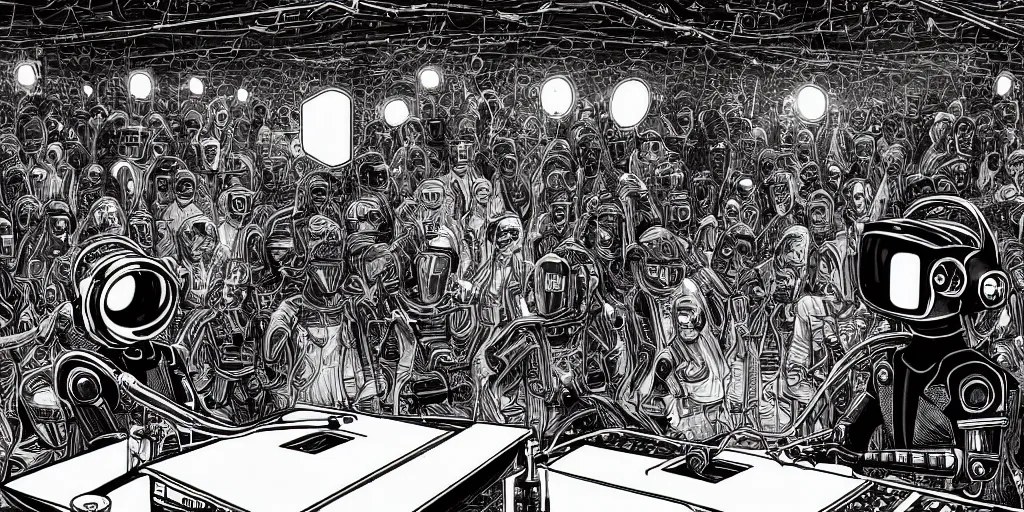 Image similar to intricate detailed artwork of 2 Daft Punk robot rock using Apple notebook Macbook at an underground warehouse rave in Ibiza, playing techno house music, thousands of beautiful girls in bikini dancing, in the style of Moebius, wires, speakers, black and white ink, some ink drips, sharp details