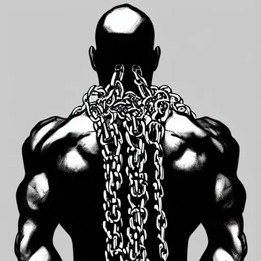 Image similar to A PORTRAIT FROM BEHIND OF A MAN ,THE THE MAN IS WRAPPED IN CHAINS ,detailed, concept art, ink style , sketch