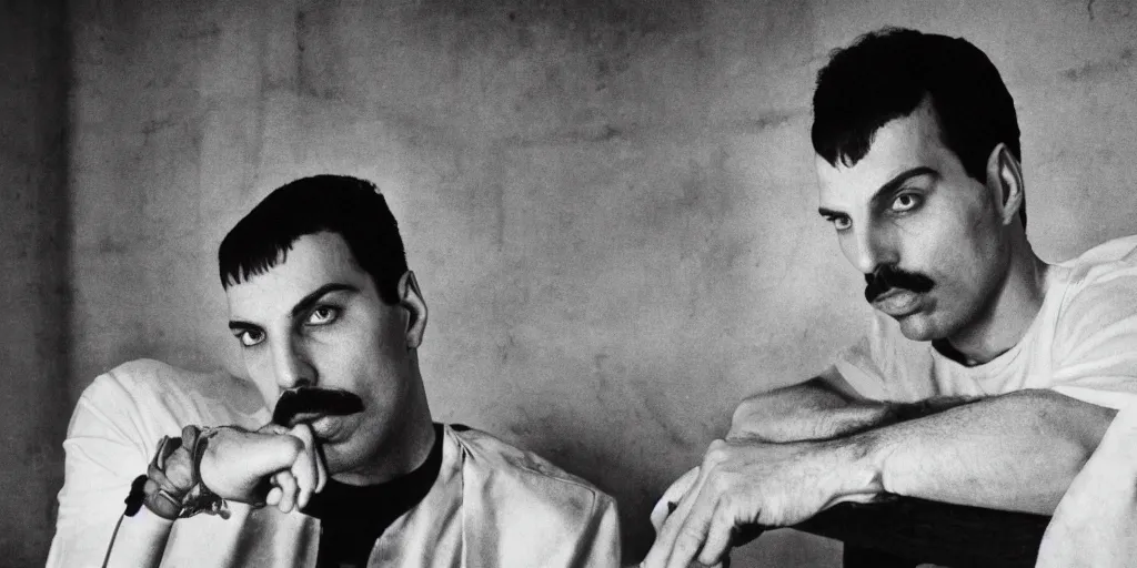 Image similar to freddie mercury sits in a russian prison, black and white photo, realism, 3 5 mm, good lighting