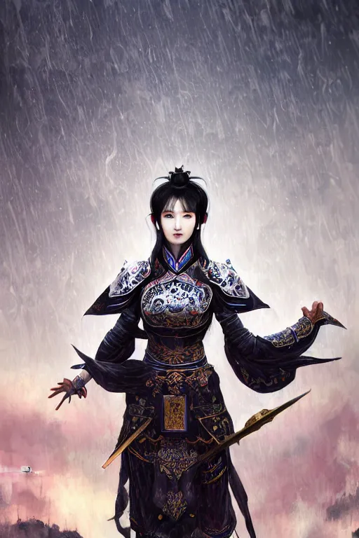 Prompt: portrait black hair young knights of Dynasty Warriors girl, matt white mirror armor, in ruin chinese temple rooftop heavily rain sunrise, ssci-fi and fantasy, intricate and very beautiful and elegant, highly detailed, digital painting, soft light, artstation, concept art, smooth and sharp focus, illustration, art by tian zi and WLOP and alphonse mucha