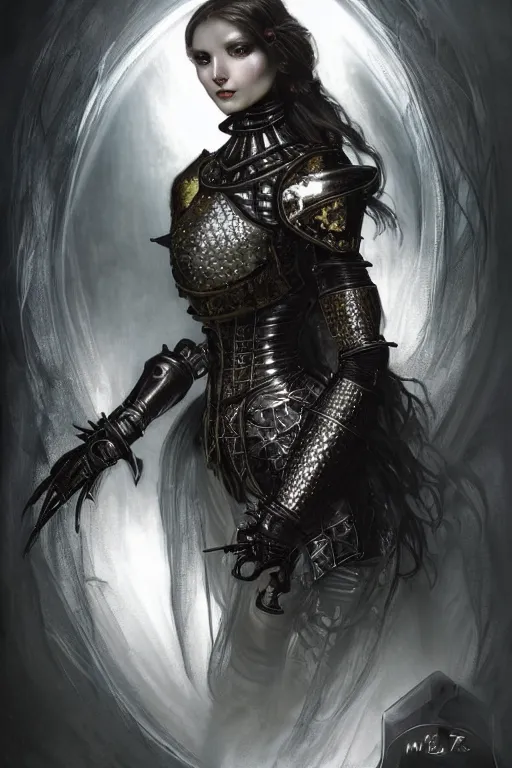 Prompt: beautiful luxury and gothic and victorian and evil young female medieval black armor knight portrait+smoky eyes+front face with light flowing hair, ultradetail face, art and illustration by tian zi and craig mullins and WLOP and alphonse mucha, ssci-fi, fantasy, intricate complexity, human structure, hypermaximalist, fantasy character concept, dynamic lighting, neon light, watermark, blurry, hyperrealism 8k