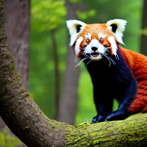 Prompt: photo of a humanoid red panda dressed in armor with a golden helmet on the head, plays the bass guitar in the forest