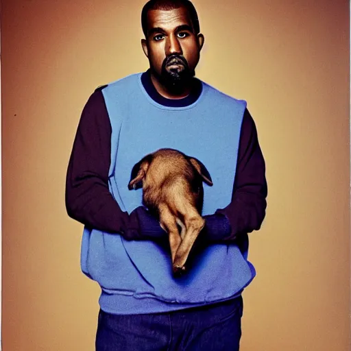 Image similar to Kanye West holding a German Sheppard for a 1990s sitcom tv show, Studio Photograph, portrait C 12.0