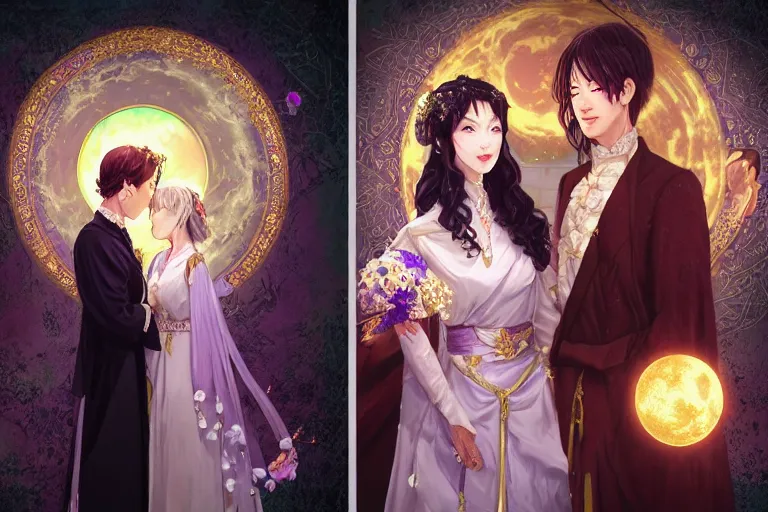 Prompt: a cinematic portrait of wedding photograph jpeg close up moment of a divine a japan sun god and moon goddess lovers magician at a wedding banquet. portraiture. digital painting. artstation. concept art. wedding photo. digital painting. violet evergarden art masterpiece by art by krenz cushart