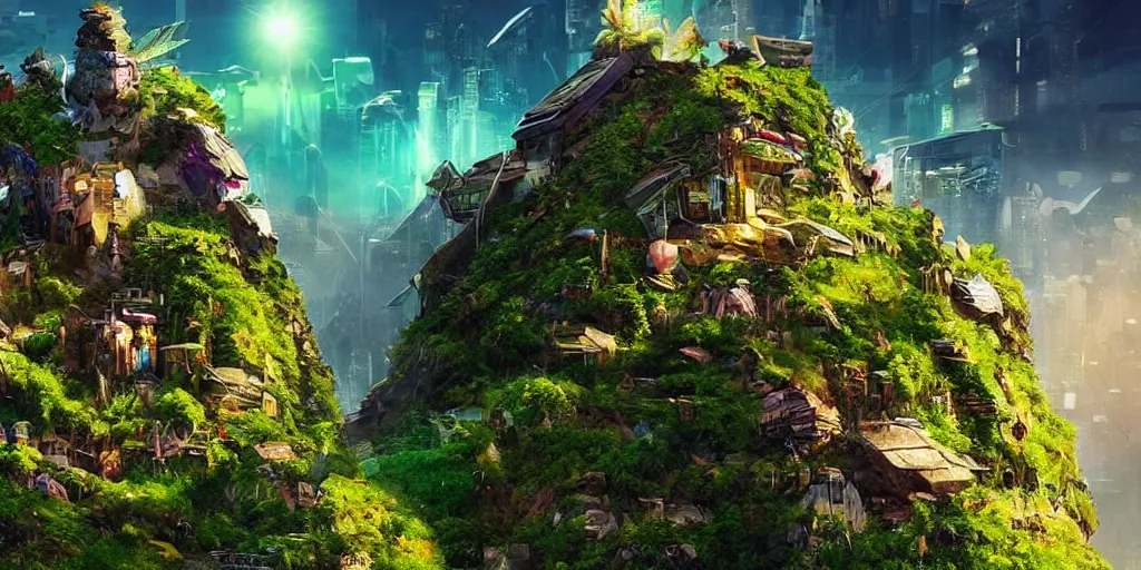 Prompt: a cinematic composition : where a myserious character floats atop a mountain radiating his transformative energy, the energy shifts the cybernetic cyberpunk civilization in the valley to a lush green overgrowing solarpunk civilization