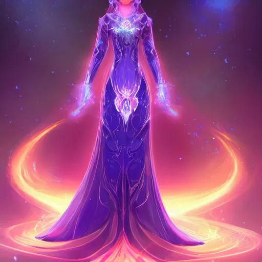 Image similar to character concept art of an astromancer wearing a beautiful cascading nebula gown