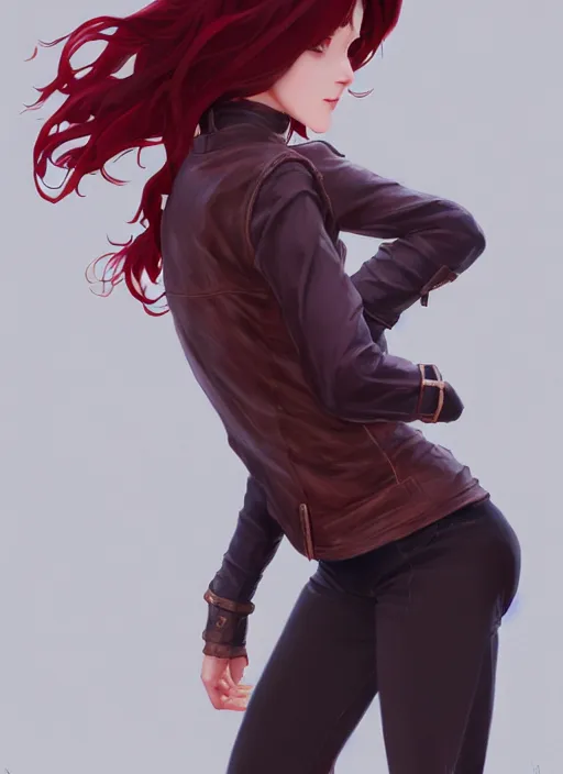 Prompt: pretty young woman with shoulder length shiny shimmering dark red hair and wearing worn leather jacket, concept art, t - pose, full body, path traced, highly detailed, high quality, digital painting, by studio ghibli and alphonse mucha, leesha hannigan, makoto shinkai, arcane