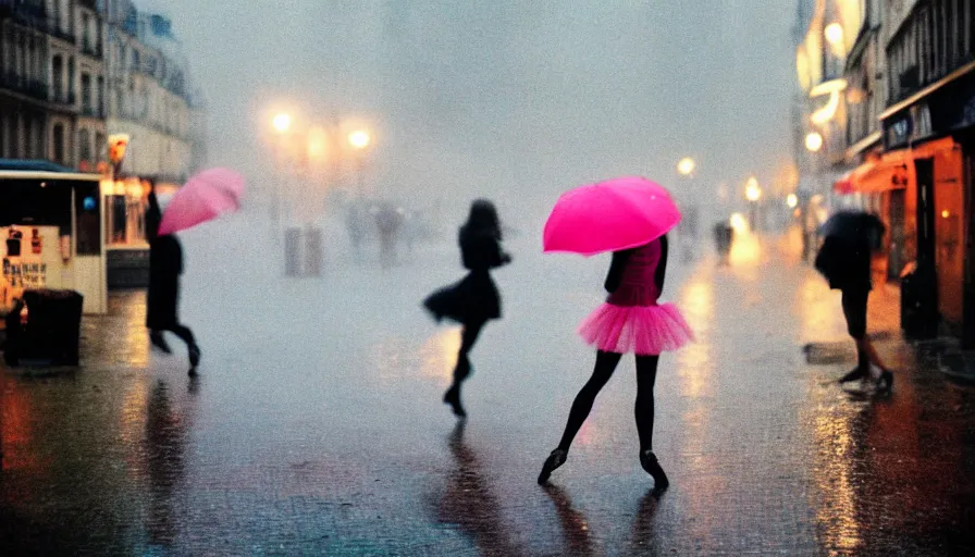 Prompt: street of paris photography, night, rain, mist, a prima ballerina dancing, a pink umbrella, cinestill 8 0 0 t, in the style of william eggleston