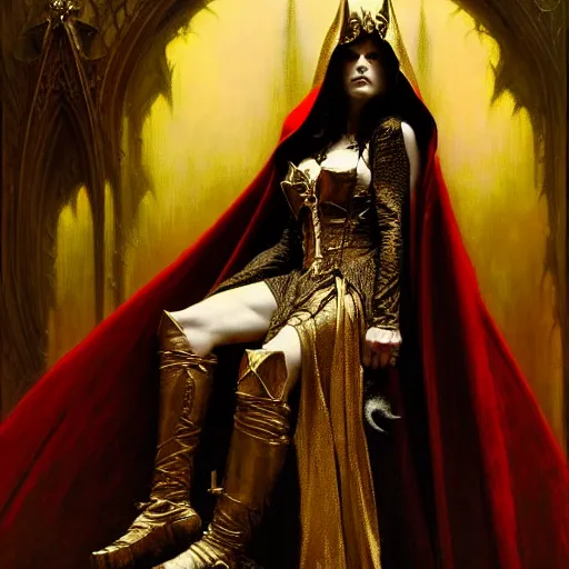 Prompt: full body portrait of a hooded beautiful vampire queen in gold gothic robes sitting on a throne of bones, elegant, highly detailed painting by gaston bussiere, craig mullins, j. c. leyendecker, 8 k, mid shot