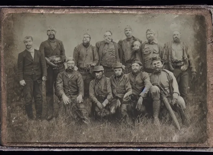 Prompt: tintype photo of a group of hunters posing with a giant dead sasquatch ape beast