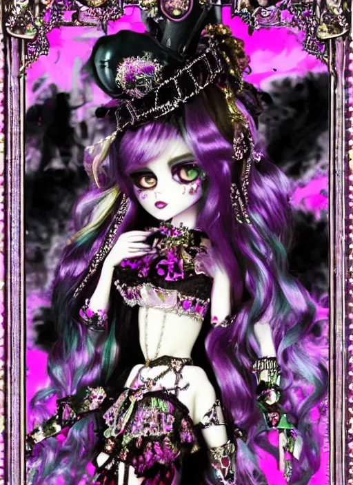 Prompt: baroque bedazzled gothic royalty frames surrounding a pixelsort emo demonic horrorcore japanese monster high pixiv bratz doll, low quality sharpened graphics, remastered chromatic aberration