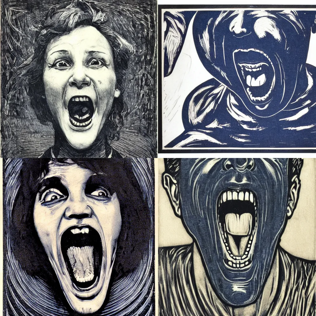 Prompt: portrait, screaming, realism, woodcut, art nouveau ( 1 9 2 2 ), tired, pyrrol scarlet, titanium white, phthalo blue, stathmore 4 0 0, 3 5 mm, f 3 2, grisaille, luminous