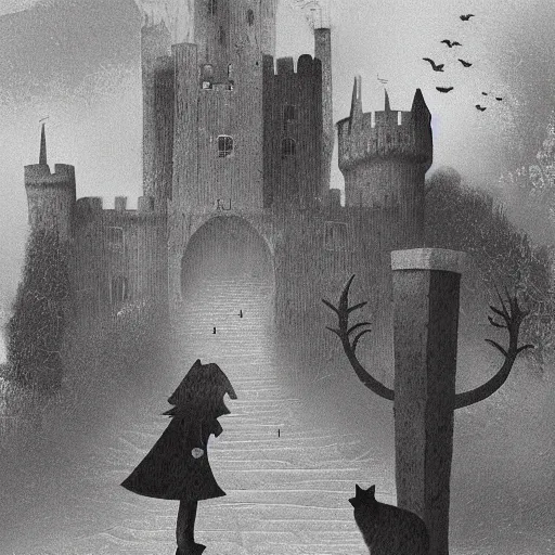 Image similar to a dark vallcy with a huge gloomy castle, fog. a little boy and a black cat