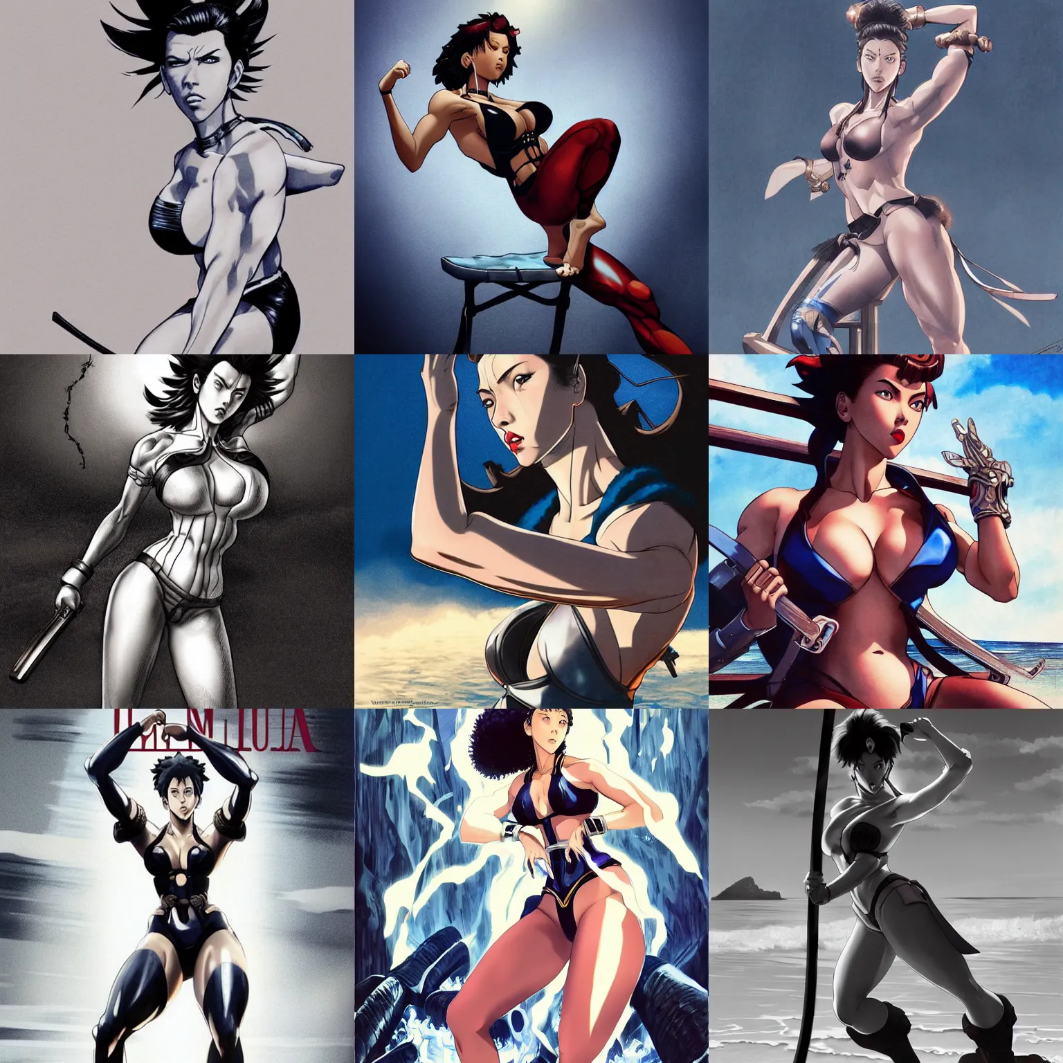 Prompt: scarlett johansson as chun li with perfect symmetrical anatomical proportions, afro samurai animes style, by greg rutkowski, pencil and ink, dramatic lighting, stratalling a chair, wide angle lens, full body within frame, wearing leather swim suite, beautiful beach in the background sharp, smooth, intricate detail, hyper detail, magazine cover, vogue