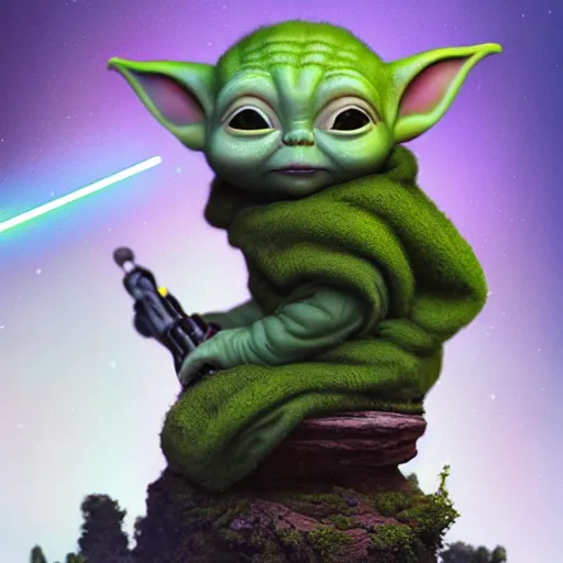 Image similar to tom bagshaw, beautiful miniature baby yoda lightsaber, mythical shrine, soft painting render curiosities carnival pond river vegetation rocks bugs wildlife mushrooms covered moss bioluminescent wisps, beautiful stunning waterfall, accurate features, focus, very intricate ultrafine details, random volumetric lighting, fog, award winning masterpiece, octane render 8 k hd, artstation