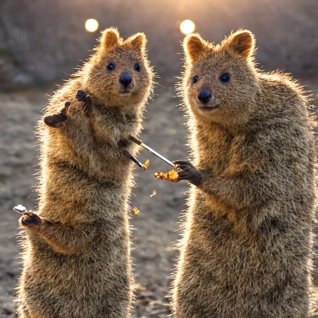 Image similar to happy quokka taking a smoking a joint and eating candy, golden hour, ultra realistic