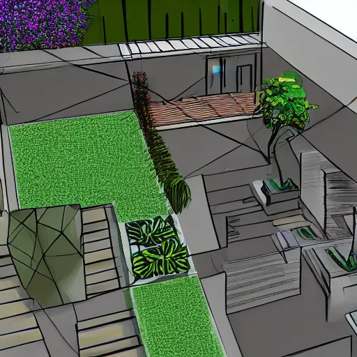 Prompt: architecture sketch of a small, modern, intimate, well-designed garden