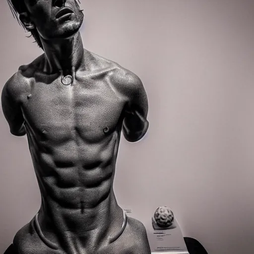 Image similar to “ a realistic detailed photo of a guy who is an attractive humanoid who is half robot and half humanoid, who is a male android, soccer player antoine griezmann, shiny skin, posing like a statue, blank stare, at the museum, on display ”