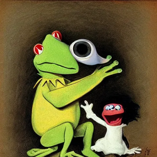 Image similar to “Kermit the Frog Devouring His Son” by Francisco Goya