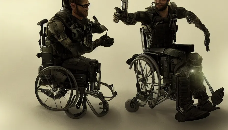 Image similar to Sam Fisher on a wheelchair, hyperdetailed, artstation, cgsociety, 8k