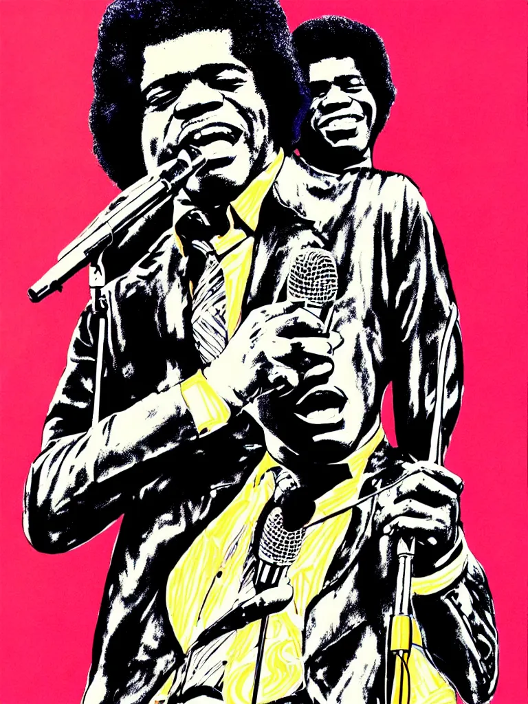 Image similar to psychedelic illustration, portrait of james brown holding a microphone, james brown 7 0 ’ s concert poster, highly detailed, colored illustration, “ superbad concert tour, 1 9 6 9 ”,