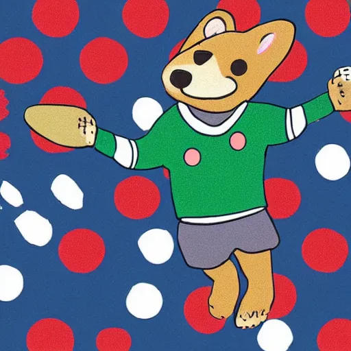 Image similar to illustration of french boy in paris playing football against a corgi, the corgi is wearing a polka dot scarf