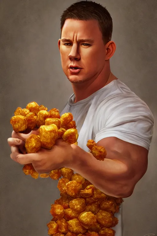 Image similar to channing tatum in a tater tot costume, oil on canvas, intricate, 8 k highly professionally detailed, hdr, cgsociety