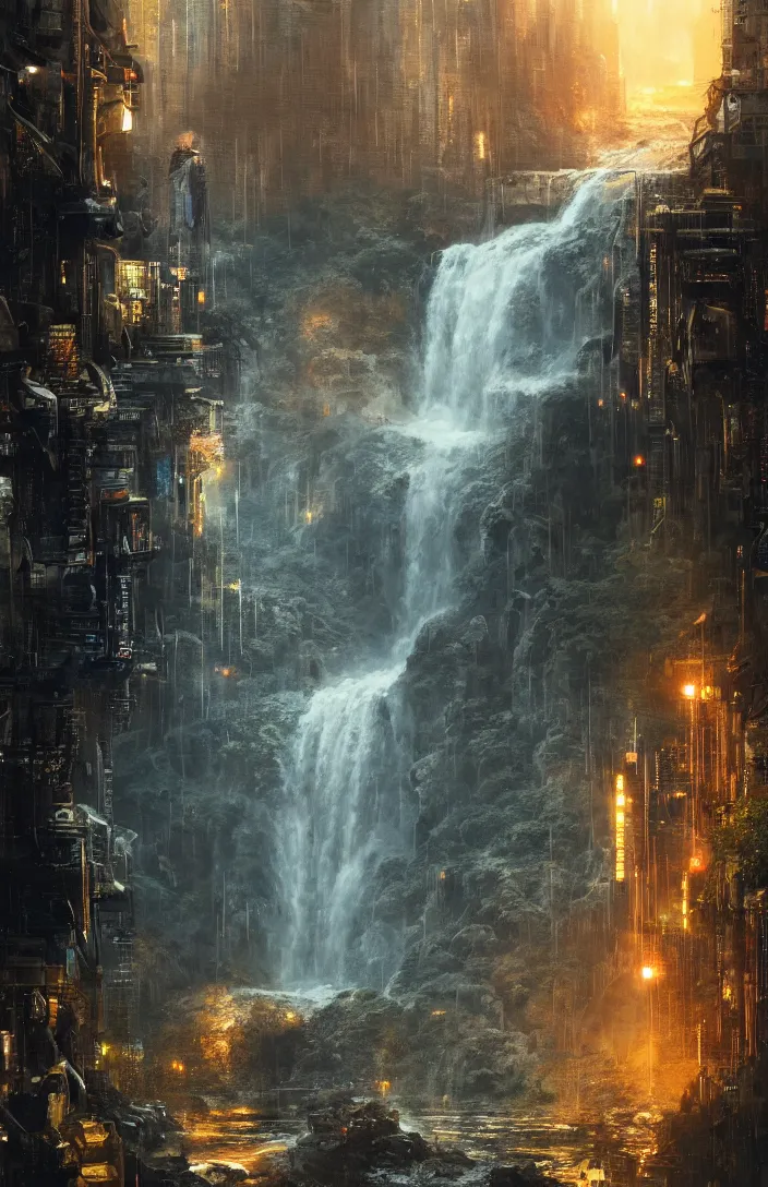 Image similar to a highly detailed blade runner cyberpunk on the edge of a waterfall, detailed, hyperreal phantastic, intricate details in environment, luminance, golden ratio, high aestehtic, cinematic light, dramatic light, godrays, distance, photobash, wideangle, bierstadt, hyperreal 4 k