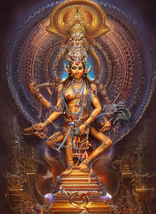 Image similar to cybertronic statue of shiva in a hindu temple, intricate, elegant, highly detailed, centered, digital painting, artstation, concept art, smooth, sharp focus, illustration, artgerm, tomasz alen kopera, peter mohrbacher, donato giancola, joseph christian leyendecker, wlop, boris vallejo.