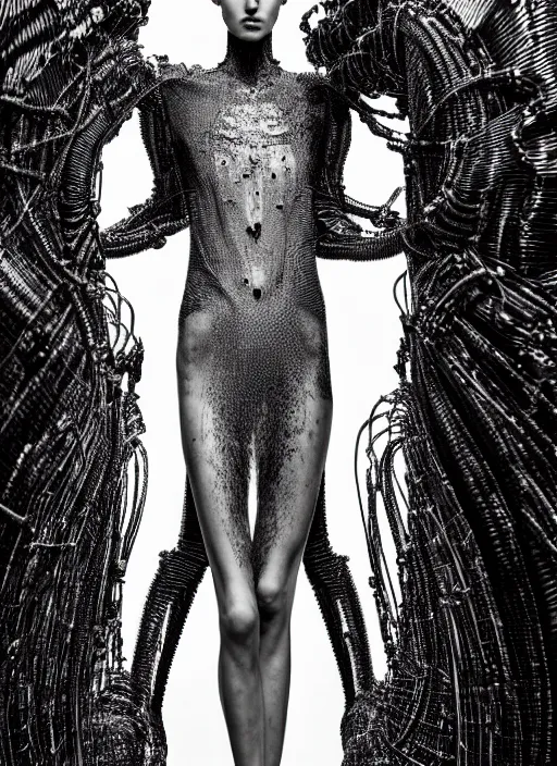 Image similar to walking down the catwalk, steven klein, show, stage, vogue photo, podium, fashion show photo, historical baroque dress, iris van herpen, beautiful woman, full body shot, masterpiece, intricate, wires, veins, jellyfishs, biopunk, guyver, highly detailed