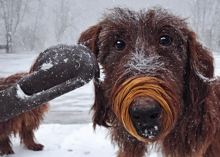 Prompt: Giant woolly dachshund with tusks, in the middle of a snow storm