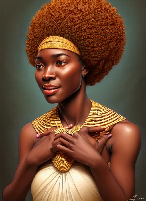 Image similar to beautiful igbo feminine face! portrait of young woman blessed by god with ever - increasing physical and mental perfection, black afro hair, symmetrical! intricate, elegant, highly detailed, vision of holy perfection!! smile, digital painting, artstation, concept art, smooth, sharp focus, illustration, art by artgerm and greg rutkowski and alphonse mucha