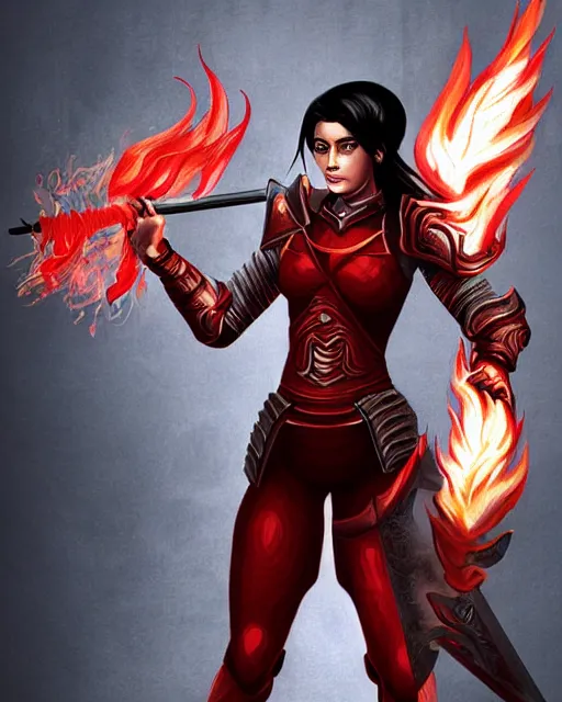 Image similar to digital art of a female warrior with black hair and red eyes, wearing red armor, holding a flaming sword