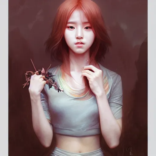 Prompt: portrait of kpop idol, dreamy and ethereal, casual clothes, fierce expression, intricate, rose tones, highly detailed, digital painting, artstation, concept art, smooth, sharp focus, illustration, art by artgerm and greg rutkowski and alphonse mucha