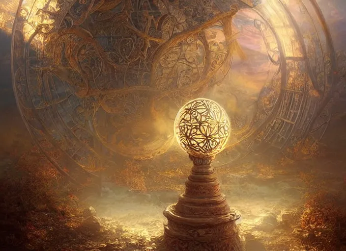 Prompt: large rustic intricately decorated cast iron gate, a view to an eerie fantasy world, golden glowing sphere, ethereal back light, mist, coherent composition, detailed fantasy painting by artgerm, noriyoshi ohrai, yuumei