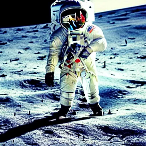 Prompt: penguin astronaut wearing helmet, standing next to the Apollo lunar lander. TV footage