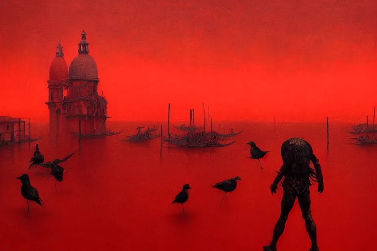 Image similar to only with red, a red dystopic knight, venice, flock of birds in the red sky, in the style of beksinski, parts by edward hopper, parts by rodcenko, parts by yue minjun, intricate and epic composition, red by caravaggio, insanely quality, highly detailed, masterpiece, red light, artstation, 4 k