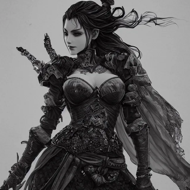 Prompt: the portrait of the neutral evil fallen female dark knight vagabond as absurdly beautiful, gorgeous, elegant, sophisticated european gravure idol, an ultrafine hyperdetailed illustration by kim jung gi, irakli nadar, intricate linework, detailed faces looking up, octopath traveler, unreal engine 5 highly rendered, global illumination, detailed and intricate environment