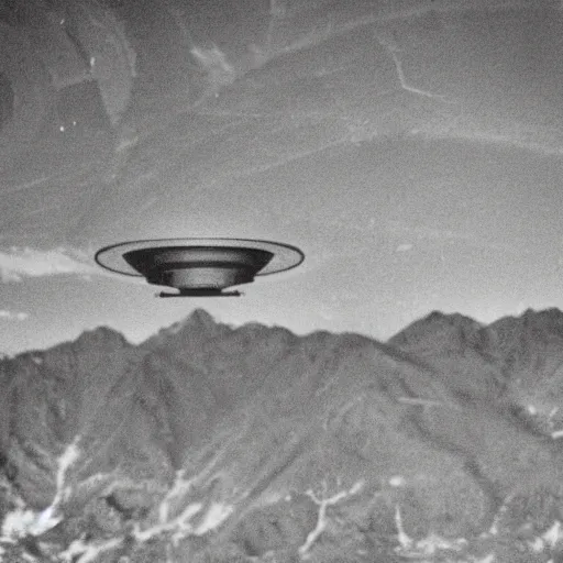 Prompt: a ufo seen on top of a mountain seen from an airplane, vintage photo, old, grainy, sepia