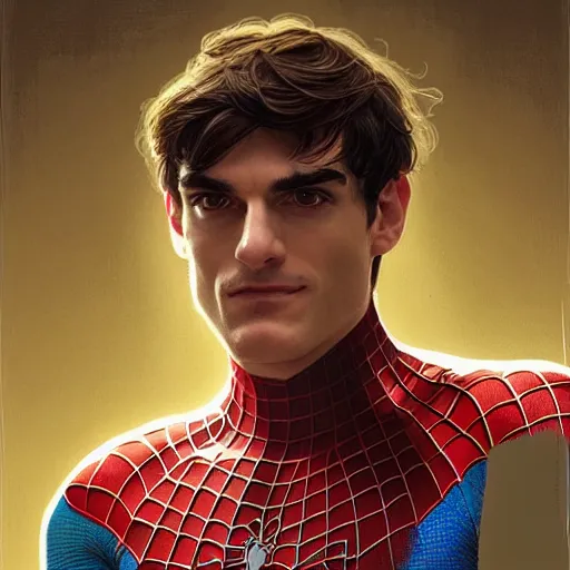 Image similar to portrait of RJ Mitte as Spiderman, elegant, intricate, headshot, highly detailed, digital painting, artstation, concept art, sharp focus, illustration, art by artgerm and greg rutkowski and alphonse mucha