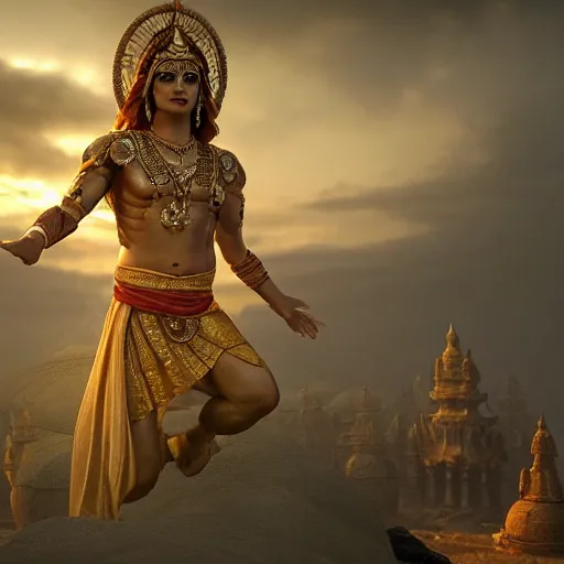 Prompt: scene from mahabharata with, cinematic, atmospheric, volumetric light, high octane render, backlight, 1 6 k, high definition render, unreal 5 engine, hyperrealism, in the style of ridley scott, hayao miyazaki, frank bairstow, james cameron, artgerm, marvel comics, steven spielberg, craig mullins