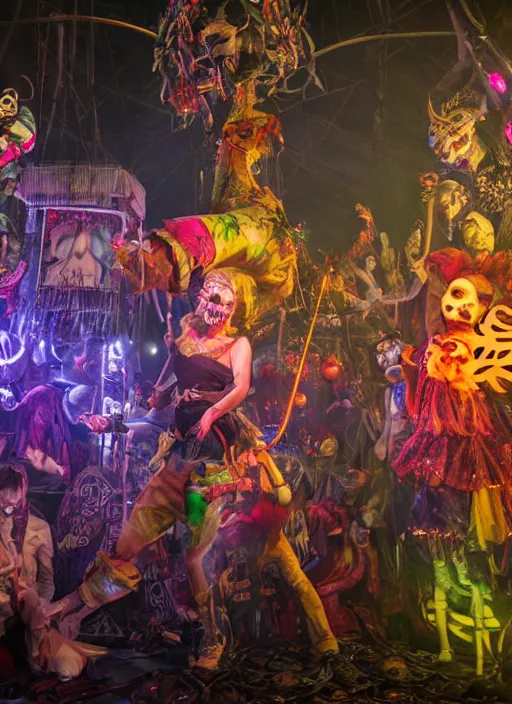 Image similar to professional photography, octane render, beautiful aesthetic whimsical horror, silent hill carnival, fools and jesters performing at a carnival, high-resolution, extreme detail, beautiful colorful lights