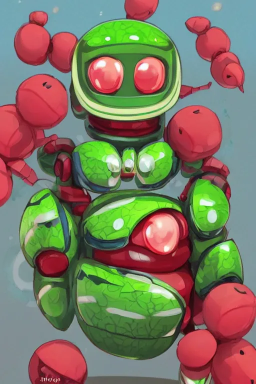 Image similar to cute anthropomorphic watermelon Tachikoma, Tachikoma made of watermelon, tiny, small, miniature Tachikoma, baby watermelon Robot, short, pale blue armor, cute and adorable, pretty, beautiful, DnD character art portrait, matte fantasy painting, cgsociety Artstation, by Jason Felix by Steve Argyle by Tyler Jacobson by Peter Mohrbacher, cinematic lighting