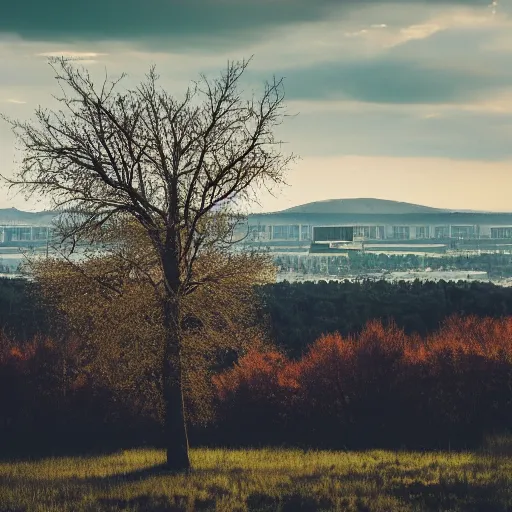 Image similar to sci fi nuclear containment building in an expansive river valley with tree and a city in the distance, a sense of hope and optimism, birds overhead, stark light, day time, unsplash, national geographic, hd, high res