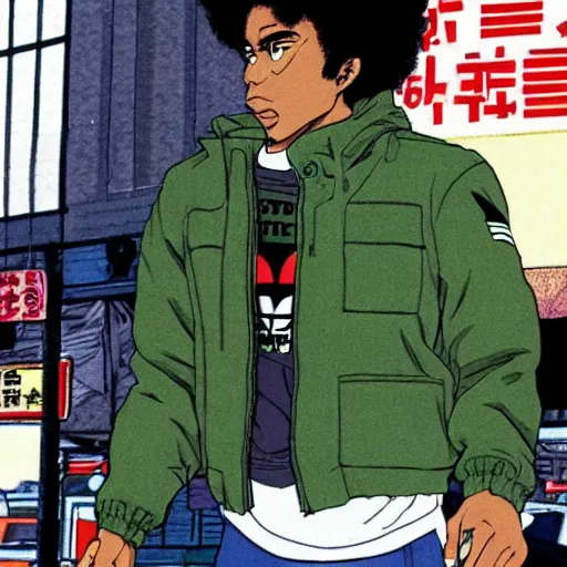 Image similar to black man with afro hair, stubble, wearing an adidas army green jacket, in the streets of tokyo, akira style, by katsuhiro otomo