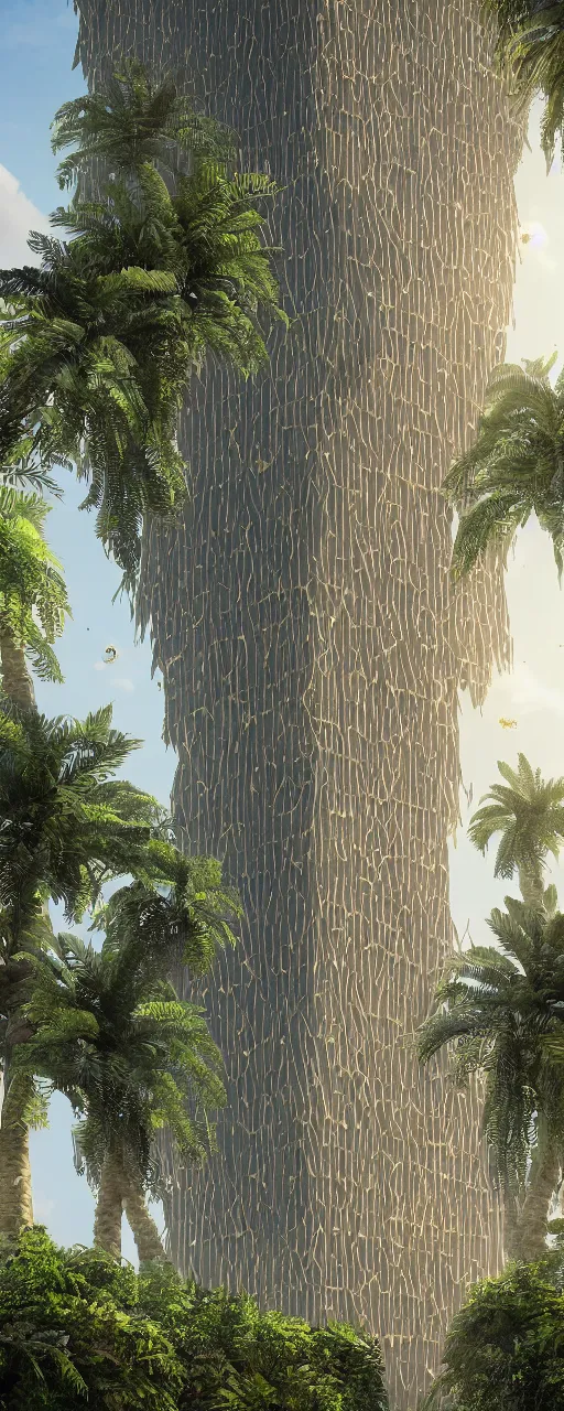 Image similar to solarpunk style, eye level view of a contemporary tower, golden intricate details, stone facade, sacred architecture, hanging gardens, cascading highrise, arid mountains with lush palm forest, photorealistic, sunlight, 8 k, post - production, octane, cgi, sfx