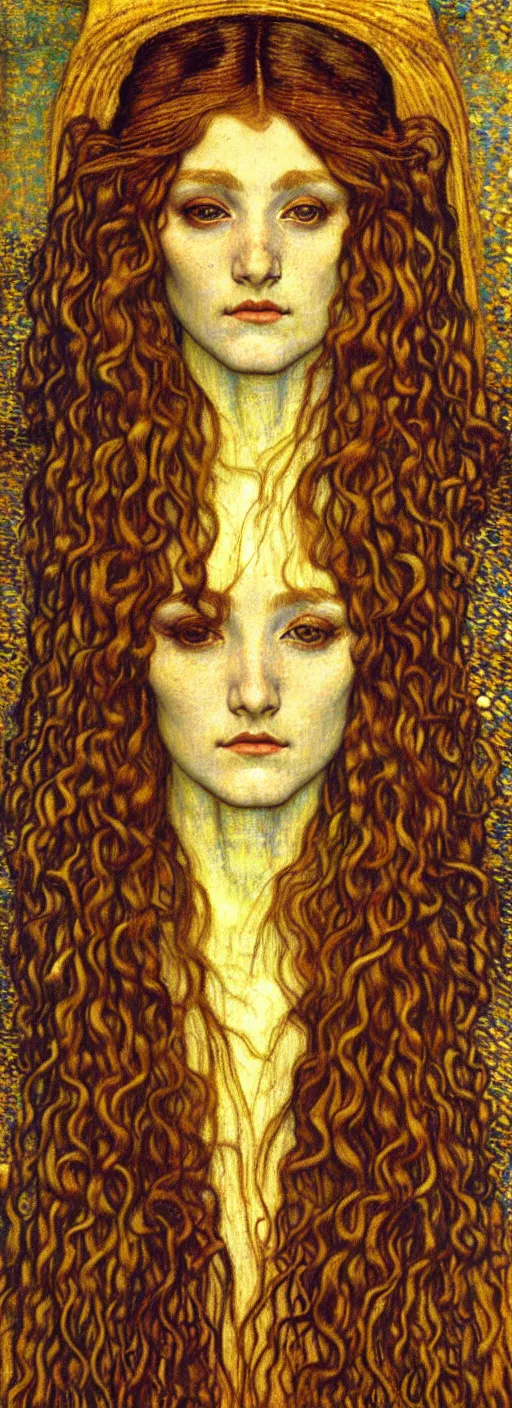 Image similar to detailed realistic beautiful young medieval queen face portrait by jean delville, gustav klimt and vincent van gogh, art nouveau, symbolist, visionary, gothic, pre - raphaelite, muted earthy colors, desaturated