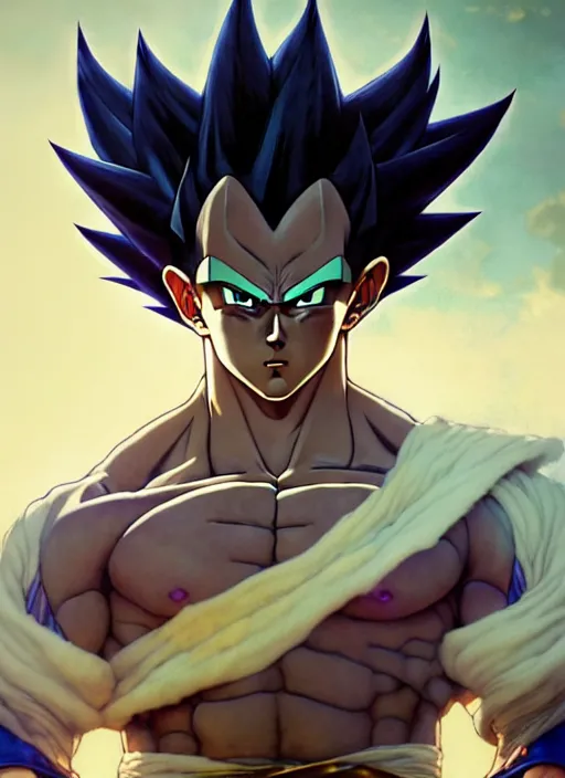 Image similar to prince vegeta by greg rutkowski, symmetry, concept art by artgerm, distance portrait of a hyper realistic, intense, epic, alphonse mucha, octane render, highly detailed, high quality, 8 k, soft lighting, path traced, and uang guangjian and gil elvgren, symmetry!!