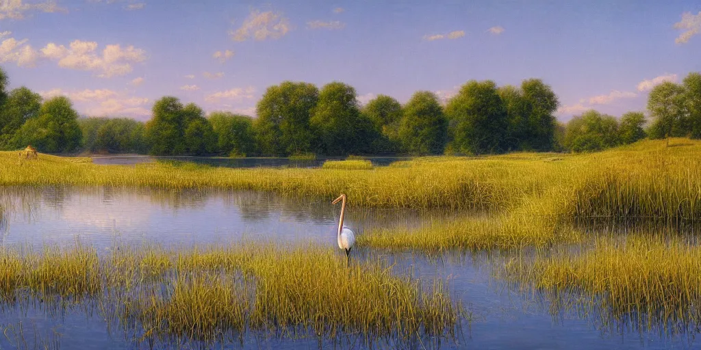 Image similar to a beautiful lake landscape in summer, reed on riverbank, stork in water, no mountains, clear sky, colorful, by Ernest deutsch + Ted Nasmith, cinematic lighting, masterpiece, highly detailed, 8k resolution, trending on art station